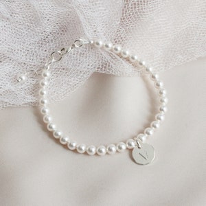 White Pearl Flower Girl Bracelet, Flower Girl Initial Bracelet, Brides Girl Pearl Gift, Pearl and Silver Flower Girl Bracelet, Gift for Girl