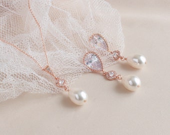 Teardrop Rose Gold Pearl Bridal Earrings Necklace SET, Crystal Jewelry SET, Wedding Jewelry for Brides, Bride Jewelry SET, Bridal Jewelry