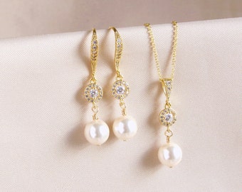 Gold Pearl Wedding Jewelry, Pearl Wedding Jewelry Gift, Bride Earring, Pearl Dangle Earring Necklace Set, Wedding Jewelry Gold Pearl Earring