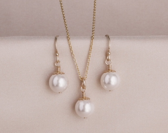 White Pearl Earring Necklace SET, Pearl Earrings, Wedding Jewelry for Brides, Pearl Jewelry, Bridal Party Jewelry, Wedding Gold Jewelry