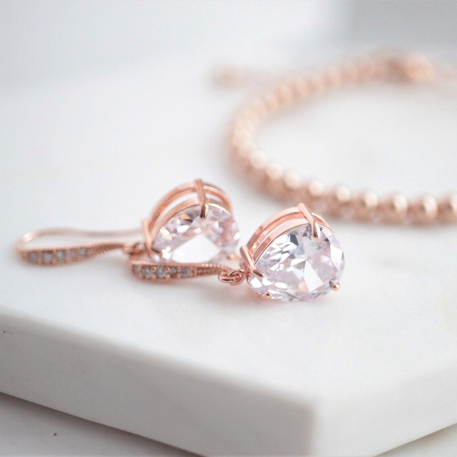 Wedding Jewelry Set for Brides Rose Gold Crystal Dangle Etsy