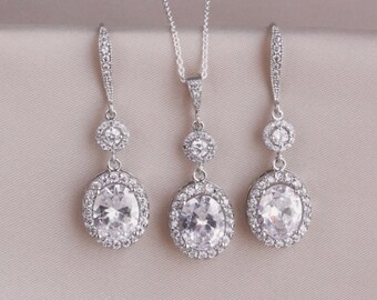 Silver Dangle Oval Crystal Earrings & Necklace Set, Bridal Earrings, Wedding Jewelry for Brides, Bridal Jewelry Set, Crystal Wedding Jewelry