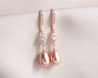 Rose Gold Pear Pearl Earrings, Rose Gold Dangle Pearl Earrings, Rose Gold Wedding Earrings, Bridesmaid Earring Gift, Special Occasion