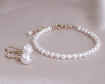 Bridesmaid Jewelry Gift, Pearl & Gold Earring Bracelet Set, Pearl Earrings, Wedding Jewelry for Brides, Bridal Jewelry, Bridesmaid Gift 4SL