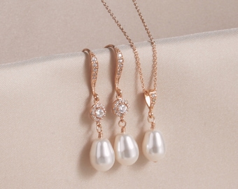 Wedding Jewelry Gift, Wedding Jewelry Set for Bride, Bride Earring Necklace SET, Pearl Dangle Earring Necklace Set, Rose Gold Pearl Earrings