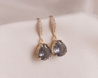 Charcoal Gray Crystal Dangle Gold Earrings, Bridal Party Gift, Bridesmaid Gift, Wedding Bridal Gift, Bridal Gold Jewelry Gift, Bride's Gift