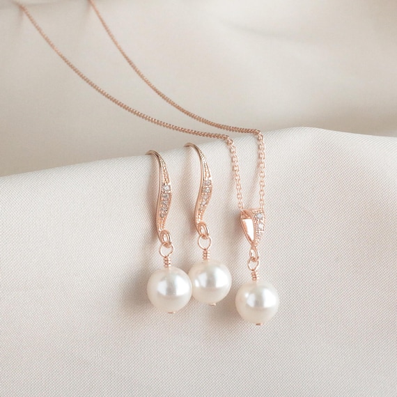 White Pearl Rose Gold Earring and Necklace SET, Pearl Drop Earring, Bride Pearl Wedding Jewelry, Bridal Pearl Jewelry, Wedding Pearl Jewelry