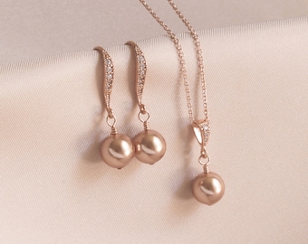 Pearl Jewelry, Pearl Rose Gold Earring and Necklace SET, Pearl Wedding Jewelry Gift, Bridal Pearl Jewelry, Wedding Pearl Jewelry SET, Bridal