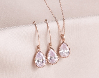 Wedding Jewelry for Brides, Bride Jewelry SET, Bridal Marquise Rose Gold Earring Necklace SET, Wedding Jewelry Gift, Bridal Jewelry Gift