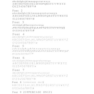 May include: A black and white image showing 10 different fonts, labeled Font 1 through Font 10. Each font displays the alphabet in lowercase and uppercase, as well as numbers, punctuation marks, and special characters. Some fonts are labeled as uppercase only.