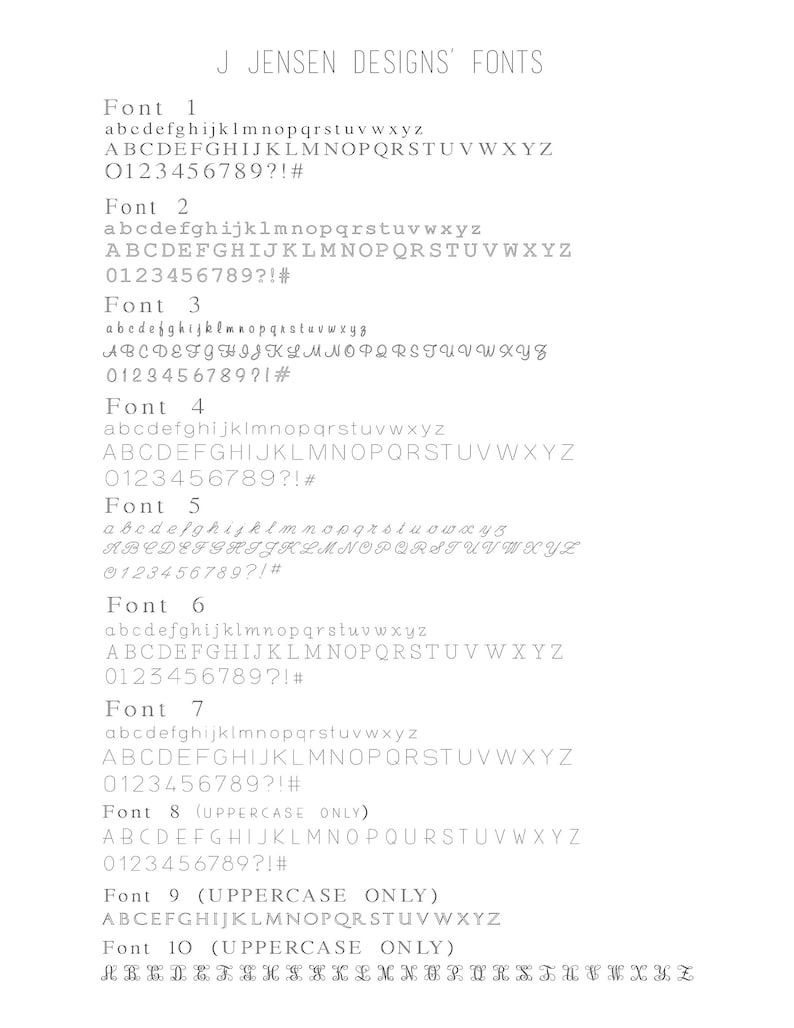 May include: A black and white image showing 10 different fonts, labeled Font 1 through Font 10. Each font displays the alphabet in lowercase and uppercase, as well as numbers, punctuation marks, and special characters. Some fonts are labeled as uppercase only.