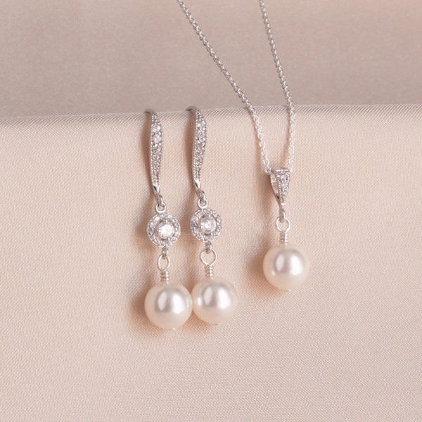 White Pearl Silver Dangle Earring Necklace Set, Wedding Jewelry Set, Bridal Jewelry Set, Bridal Party Gift, Wedding Jewelry Set for Brides