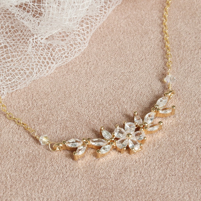 Gold Crystal Flower Necklace, Wedding Gold Crystal Necklace, Gold Bridal Jewelry, Gold Bridal Necklace, Bridal Necklace, Gold Flower Jewelry image 3