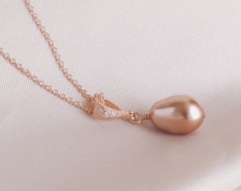 Pearl Necklace, Wedding Jewelry for Brides, Pear Pearl Rose Gold Necklace, Wedding Jewelry Gift, Bridal Party Gift, Bridesmaids Jewelry