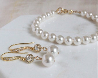 Wedding Jewelry for Brides, Pearl Gold Earring Bracelet Set, Pearl Wedding Jewelry, Gold Jewelry Set, Wedding Jewelry Brides Gift 6.8