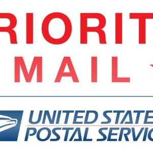 May include: A white background with the words "PRIORITY MAIL" in red, with red stars. Below is the United States Postal Service logo and text in blue.