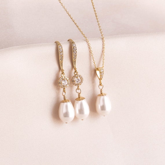 Wedding Jewelry Set for Brides, Wedding Jewelry Gift, Bride Earring, Pearl Dangle Earring Necklace Set, Wedding Jewelry, Gold Pearl Earring