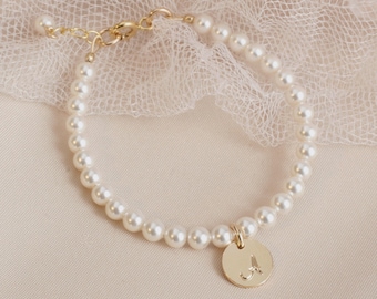 Flower Girl Initial Bracelet Gift, White Pearl Flower Girl Bracelet, Bride's Girl Gift, Pearl Gold Flower Girl Bracelet, Flower Girl Gift
