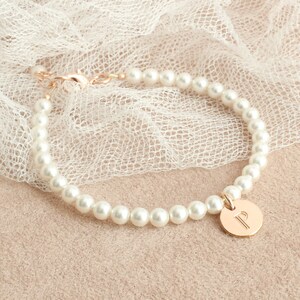 Rose Gold Initial Flower Girl Pearl Bracelet, Flower Girl Bracelet Gift, White Pearl Flower Girl Bracelet, Bride's Gift, Flower Girl Gift