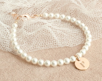 Rose Gold Initial Flower Girl Pearl Bracelet, Flower Girl Bracelet Gift, White Pearl Flower Girl Bracelet, Bride's Gift, Flower Girl Gift