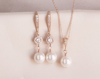 Pearl Wedding Jewelry SET, Pearl Rose Gold Earring Necklace SET, Rose Gold Pearl Earring Necklace SET, Bridesmaid Wedding Jewelry Gift Set