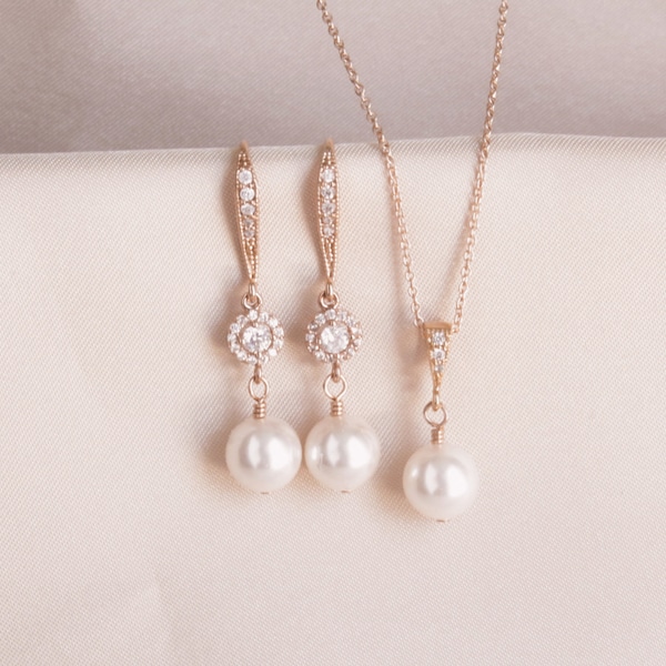 Pearl Wedding Jewelry SET, Pearl Rose Gold Earring Necklace SET, Rose Gold Pearl Earring Necklace SET, Bridesmaid Wedding Jewelry Gift Set