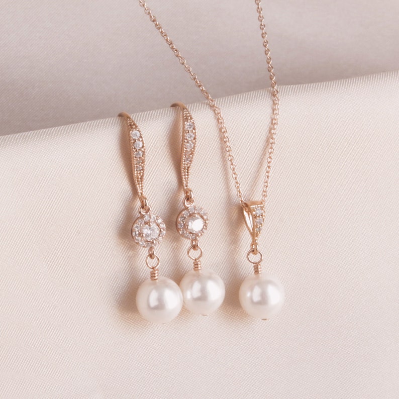 Pearl Wedding Jewelry SET, Pearl Rose Gold Earring Necklace SET, Rose Gold Pearl Earring Necklace SET, Bridesmaid Wedding Jewelry Gift Set image 2