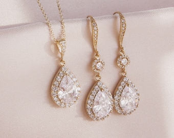 Bridal Jewelry Set, Wedding Gold Crystal Dangle Earrings & Necklace SET, Bridal Earring and Necklace SET, Wedding Jewelry Set for Brides
