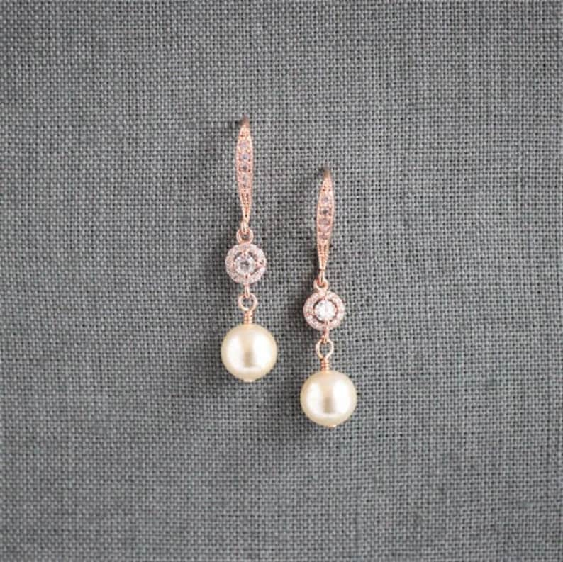 Pearl Wedding Jewelry SET, Pearl Rose Gold Earring Necklace SET, Rose Gold Pearl Earring Necklace SET, Bridesmaid Wedding Jewelry Gift Set image 5