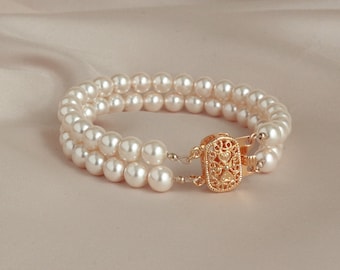 Bridal Double Strand Pearl Bracelet, Gold Pearl Bracelet Wedding Bridal Jewelry Wedding Jewelry Two Strand Pearl Bracelet Pearl Jewelry, 6mm