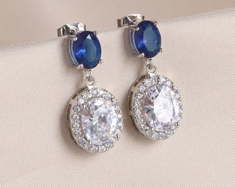 Silver Blue Crystal Oval Earrings, Bridal Jewelry, Crystal Oval Earring, Bride Jewelry, Bride Dangle Earring, Bridal Earring, Something Blue