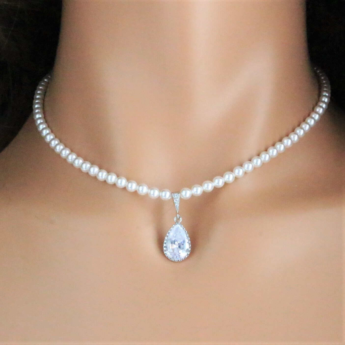 Pearl Wedding Jewelry for Brides, White Pearl Teardrop CZ