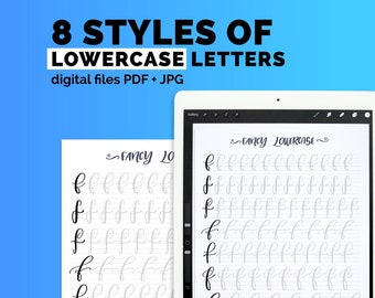 8 Styles of Lowercase letters Brush Lettering Calligraphy Practice guide alphabet worksheets printable workbook for iPad practice TwoEasels