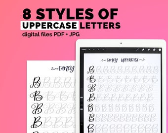 8 Styles of Uppercase letters Brush Lettering Calligraphy Practice alphabet worksheets printable workbook iPad procreate lettering guide