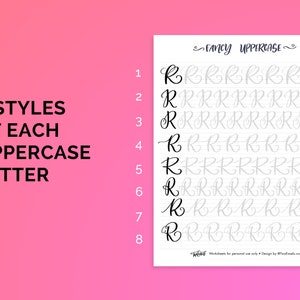May include: A printable worksheet with eight different styles of the uppercase letter "R" in cursive. The worksheet is titled "Fancy Uppercase" and has numbered lines from 1 to 8.
