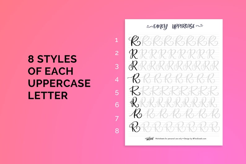 May include: A printable worksheet with eight different styles of the uppercase letter "R" in cursive. The worksheet is titled "Fancy Uppercase" and has numbered lines from 1 to 8.