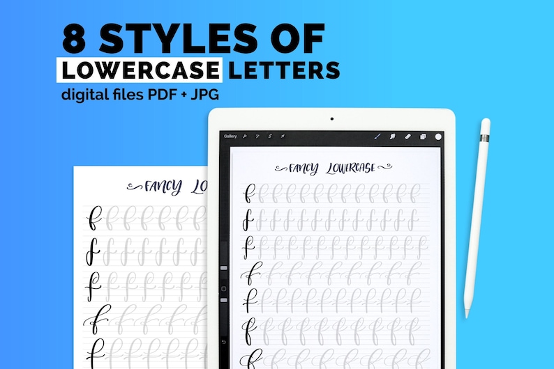 Puede incluir: Una descarga digital de 8 estilos diferentes de letras min&uacute;sculas para practicar caligraf&iacute;a. La imagen muestra una tableta digital que muestra una hoja de trabajo con la letra 'f' escrita en diferentes estilos. El texto en la pantalla dice "Fancy Lowercase".