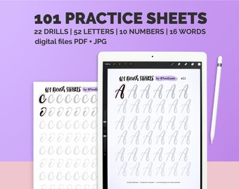 May include: A digital download of 101 practice sheets for brush lettering. The image shows two sheets, one with the letter 'C' and the other with the letter 'A'. The sheets are titled "101 Brush Strokes" and include the text "by @TwoEasels".