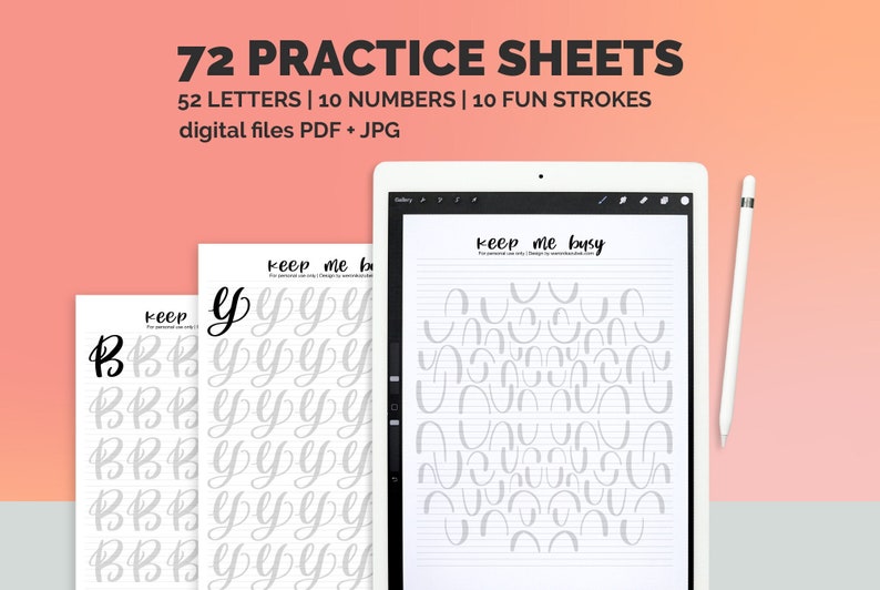 K&ouml;nnte beinhalten: Ein digitaler Download von 72 druckbaren &Uuml;bungsb&ouml;gen f&uuml;r die Handschrift. Die B&ouml;gen enthalten 52 Buchstaben, 10 Zahlen und 10 lustige Striche. Die B&ouml;gen sind mit "keep me busy" beschriftet.