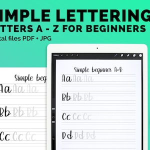 Pu&ograve; includere: Un tablet digitale che mostra un foglio di lavoro per imparare la calligrafia semplice. Il foglio di lavoro mostra le lettere A, B, C e D in scrittura corsiva. Il testo sullo schermo dice "Simple beginner A-z".