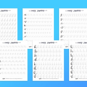 Puede incluir: Seis hojas de trabajo imprimibles para practicar letras min&uacute;sculas en cursiva. Cada hoja presenta una letra diferente del alfabeto, con varias filas de la letra para practicar.