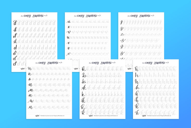 Puede incluir: Seis hojas de trabajo imprimibles para practicar letras min&uacute;sculas en cursiva. Cada hoja presenta una letra diferente del alfabeto, con varias filas de la letra para practicar.