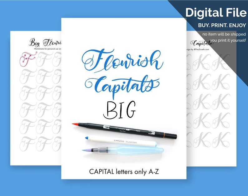Big Brush Marker Flourish Capital Letters Alphabet Modern Calligraphy Lettering Practice Sheets iPad lettering guide brush flourishing guide image 1