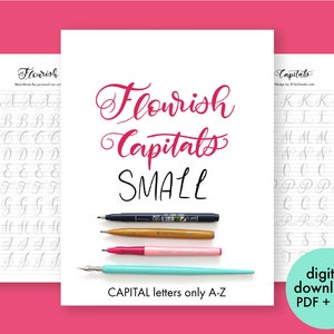 Lettering worksheet Small Flourish Capital Letters Alphabet calligraphy worksheets Brush lettering worksheets modern flourishing practice