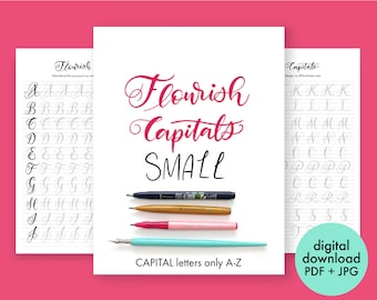 Lettering worksheet Small Flourish Capital Letters Alphabet calligraphy worksheets Brush lettering worksheets modern flourishing practice