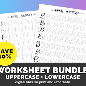 Lettering worksheet BUNDLE 8 Styles Lower and Uppercase Brush Lettering Bundle Calligraphy Practice worksheets modern calligraphy guide