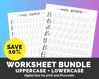 Lettering worksheet BUNDLE 8 Styles Lower and Uppercase Brush Lettering Bundle Calligraphy Practice worksheets modern calligraphy guide