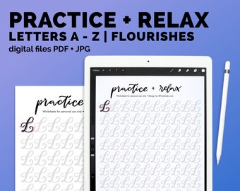 handwriting practice lettering calligraphy worksheet brush lettering guide modern calligraphy workbook iPad lettering traceable TwoEasels