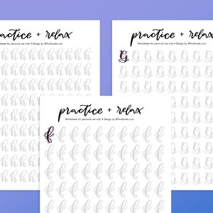 May include: Three printable worksheets for practicing cursive handwriting. Each worksheet features a different letter of the alphabet: 'h', 'f', and 'g'. The worksheets have the text 'practice + relax' and 'Worksheets for personal use only - Design by @twoframes.com' at the top.
