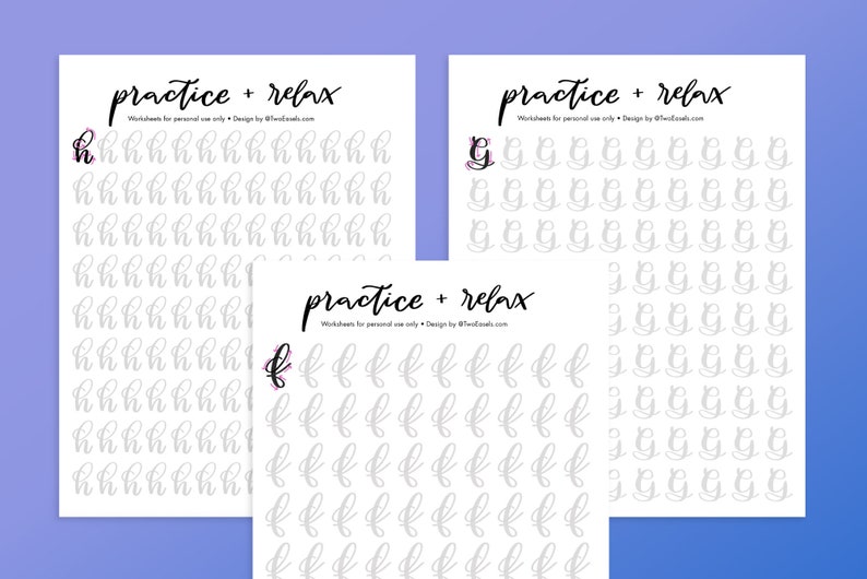 May include: Three printable worksheets for practicing cursive handwriting. Each worksheet features a different letter of the alphabet: 'h', 'f', and 'g'. The worksheets have the text 'practice + relax' and 'Worksheets for personal use only - Design by @twoframes.com' at the top.